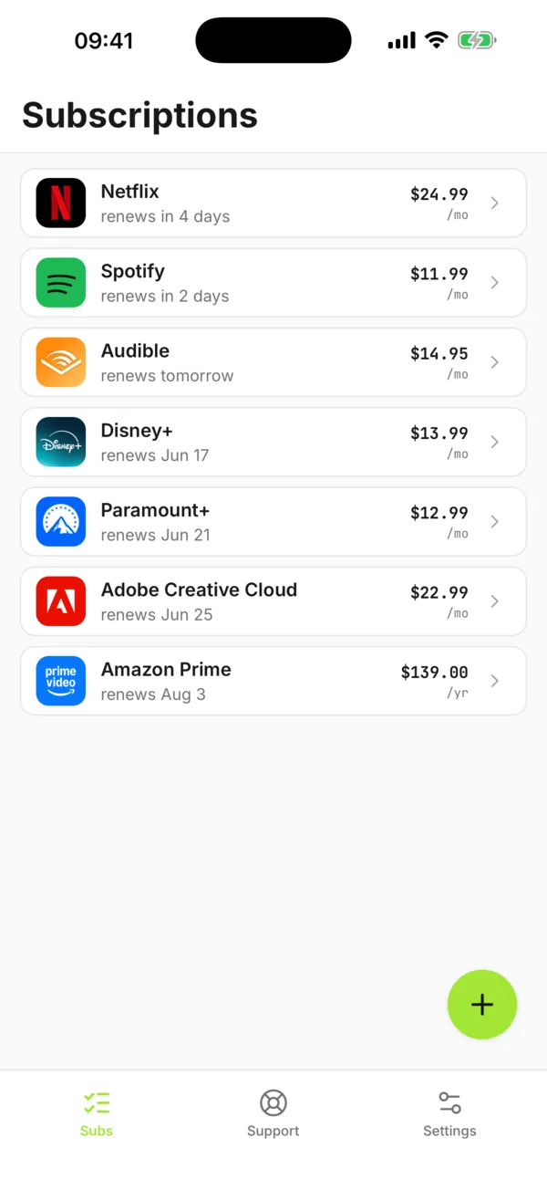 The ByeBill app showing a list of detected subscriptions